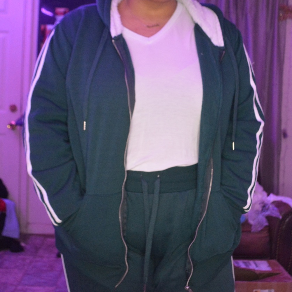 Plus Green White Striped Fleece Jacket